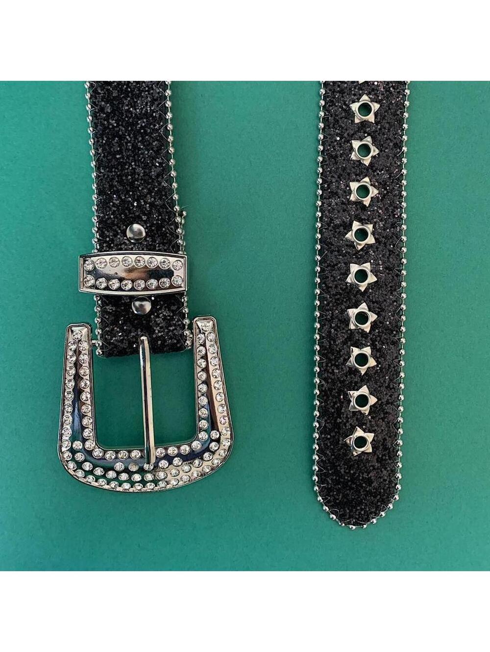 Y2K Black Silver Punk Studded Rhinestone Belt - Picture 3 of 8